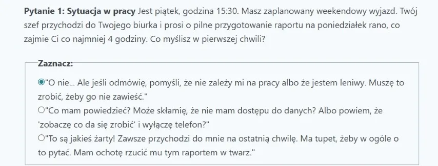 test diagnostyczny - widok na kartę 